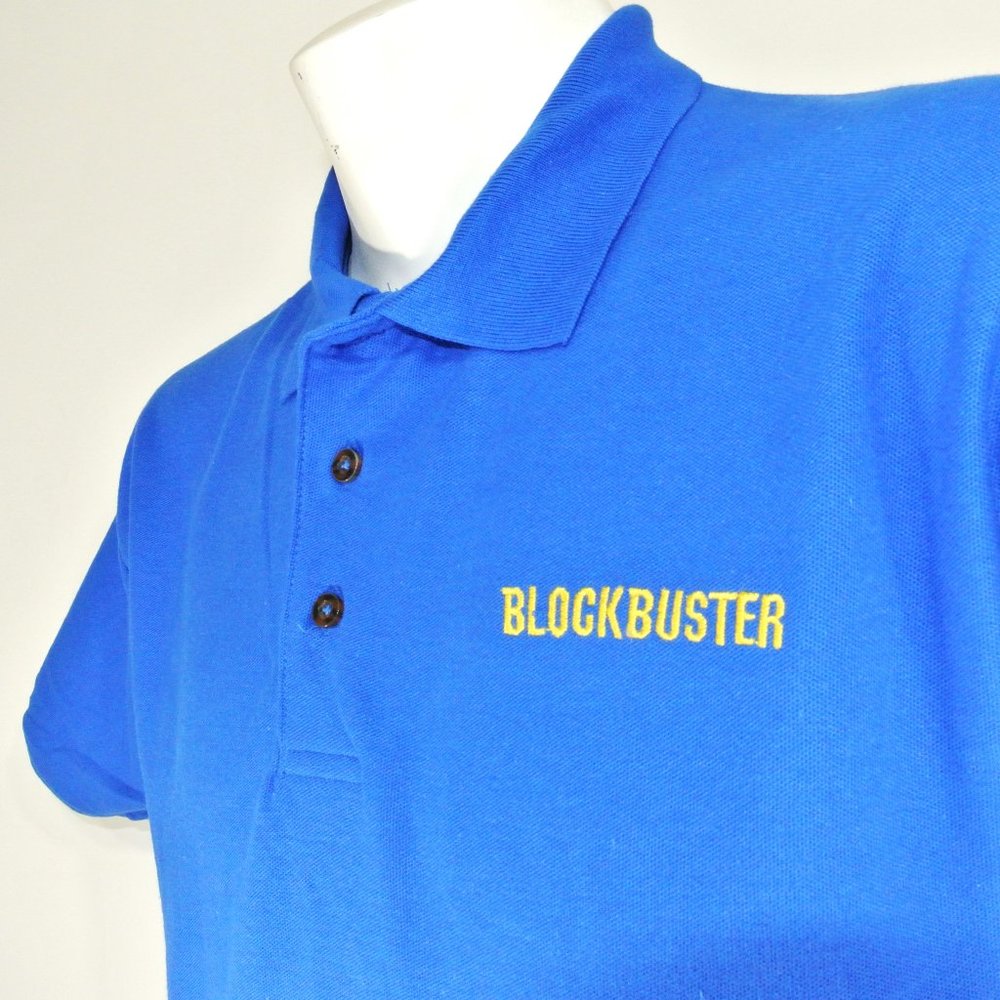 BLOCKBUSTER VIDEO Vintage Text Logo Employee Uniform Polo Shirt Blue NEW LARGE